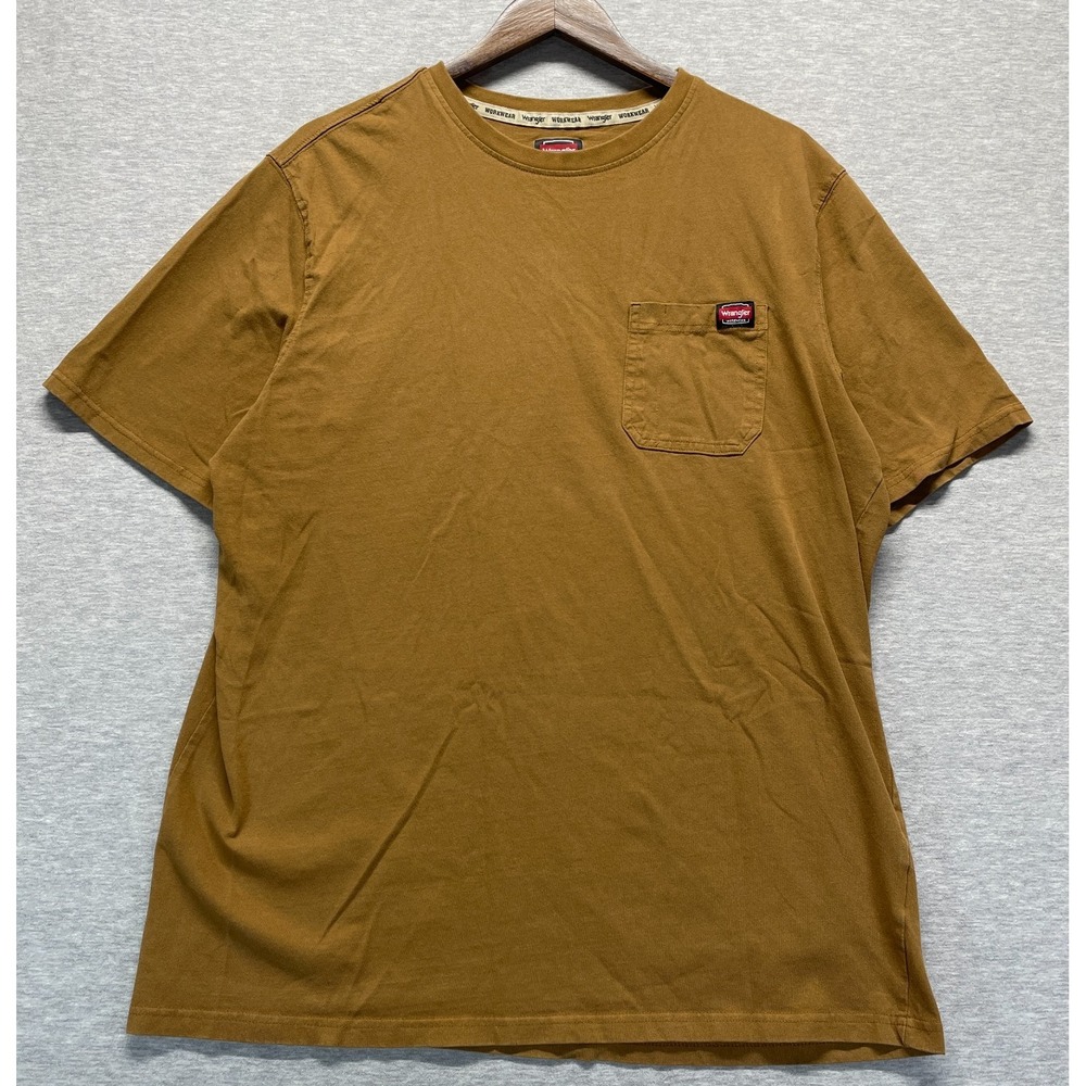 Wrangler Workwear Pocket T-Shirt Mens XL 46-48 Brown Cotton Patch Logo Crew Neck